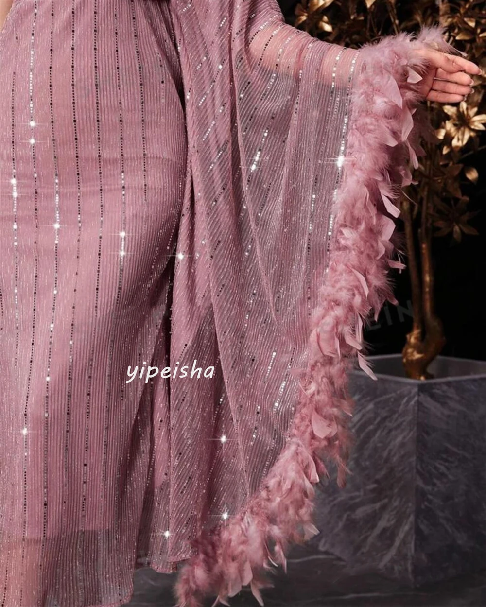 Customized Exquisite Sparkle Chiffon Feather Sequined Ruched Evening A-line One-shoulder Bespoke Occasion Gown Midi Dresses