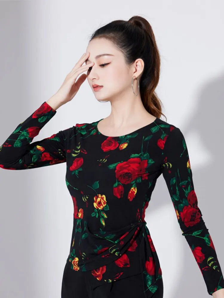 Slim Fit Latin Dance Evening Women Tops Jazz Round Neck 2024 Summer Woman Flowers Competition Line Costume Modern Female T-shirt