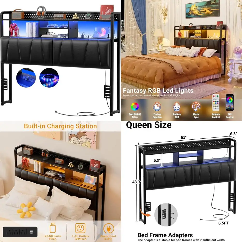 Cabecero tapizado tamaño Queen con salidas integradas, puertos USB, luz LED, cómoda cabecera de cuero para marco de cama