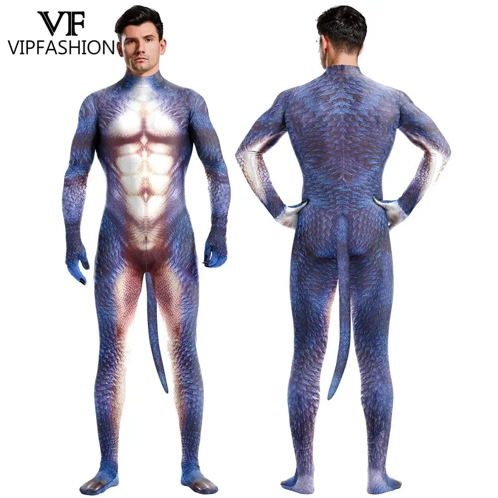 VIP FASHION Halloween Cosplay Costume For Male Adult Animal Lizard Print Jumpsuits Full Cover Elastic Zentai Bodysuits With Tail