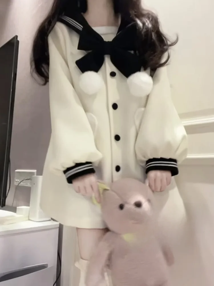 لطيف اليابانية Sle معطف طويل من الصوف البحرية طوق كلية الرياح المرأة الخريف الشتاء معطف صغير الحجم معطف قسط السيدات Faion #4