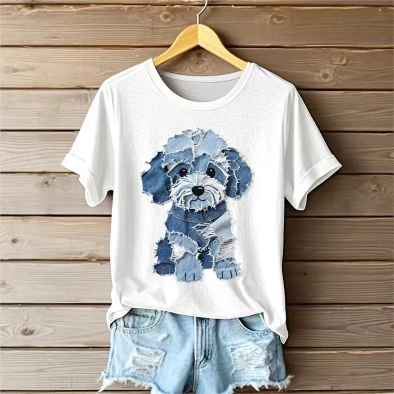 Women's Artistic Collage Puppy Print Top Round Neck Short Sleeve Casual Pullovers Tops Denim Dog Print T-Shirt for 2026 Summer