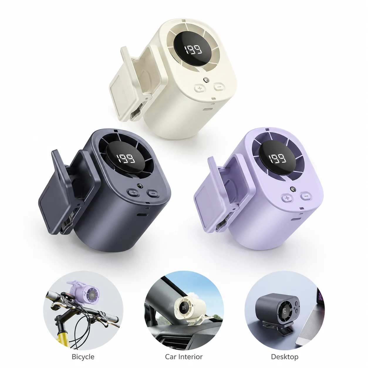 Car Clip Fan Semiconductor USB Rechargeable 360 Rotation LED Battery Display 3 Speeds Low Noise Portable Cooling Fan
