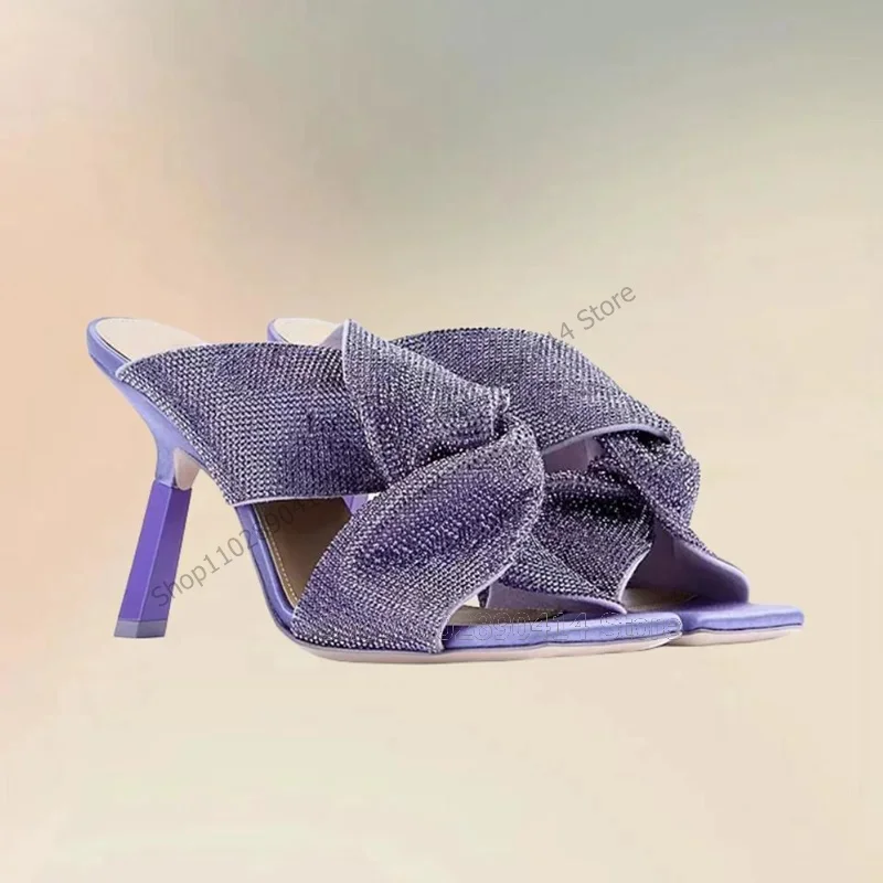 

Purple Crystal Crossed Bow Knot Open Toe Slippers Slip On Women Shoes Strange Style Heels Fashion Party 2025 Zapatos Para Mujere