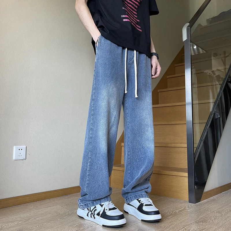 

Мужские джинсы из денима с широкими штанинами, свободного кроя, с узором в виде звезд, на резинке, в американском ретро-стиле, износостойкие, для весны и осени...