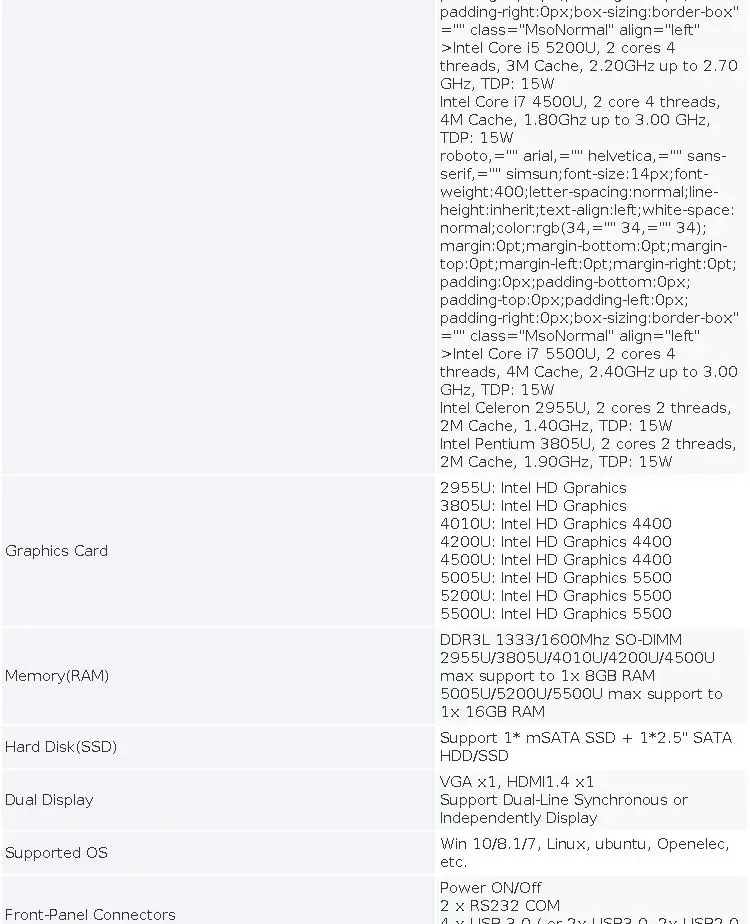 Intel Core I7-5500U Mini PC with 2xGigabit LAN 2xRS232 4xUSB3.0 Support WiFi 3G/4G LTE Computer for Industrial Windows10 Ready