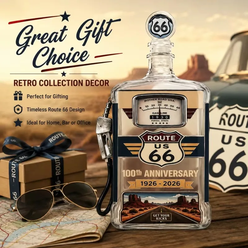 Route 66 100th Anniversary Gas Pump Style Glass Whiskey Decanter Vintage US Highway Liquor Bottle Home Bar DecorCollectible Gift