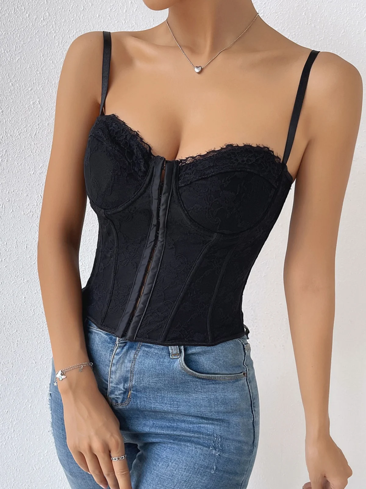 Sexy Pure Color Lace Strap Fishbone Steel Ring Wrap Chest Backless Small Vest Cross-Border Women's Street Style Short Length ...