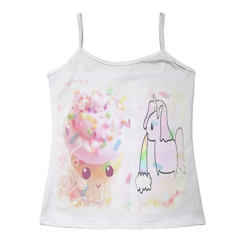 Kawaii Coquette Damen Rundhals-Langarmshirt mit süßem Einhorn-Eiscreme-Print, schmal geschnittenes Y2K Vintage Casual T-Shirt – Detail 3