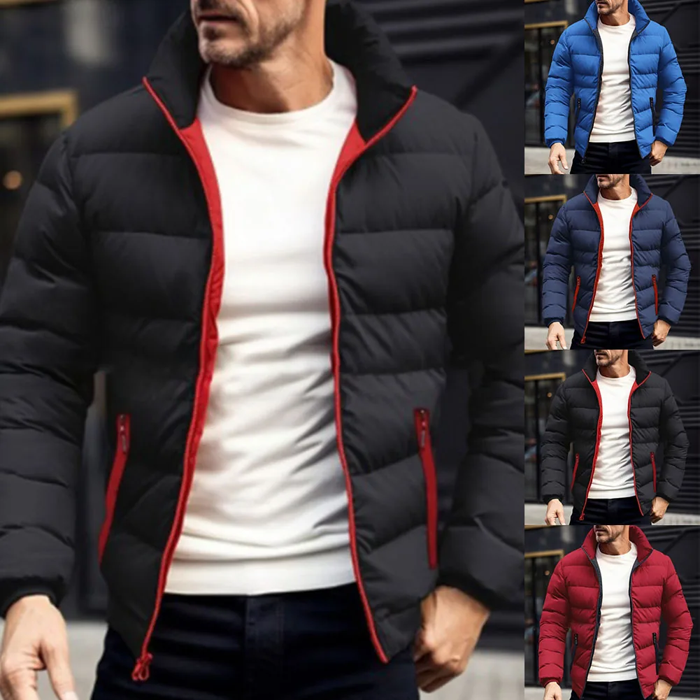 Mens Classic Winter Warm Quilted Padded Slight Strech Puffer Stand Comfortable Collar Solid Color Jacket Zip Up Coat Outwear