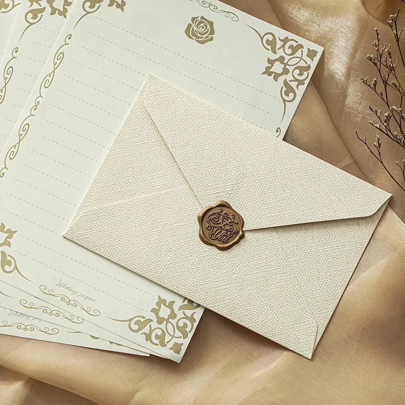 European Court Style Retro Linen Envelope Letter Paper Wax Fire Seal Set for Love Letter Festival Wedding Invitation Kraft Paper