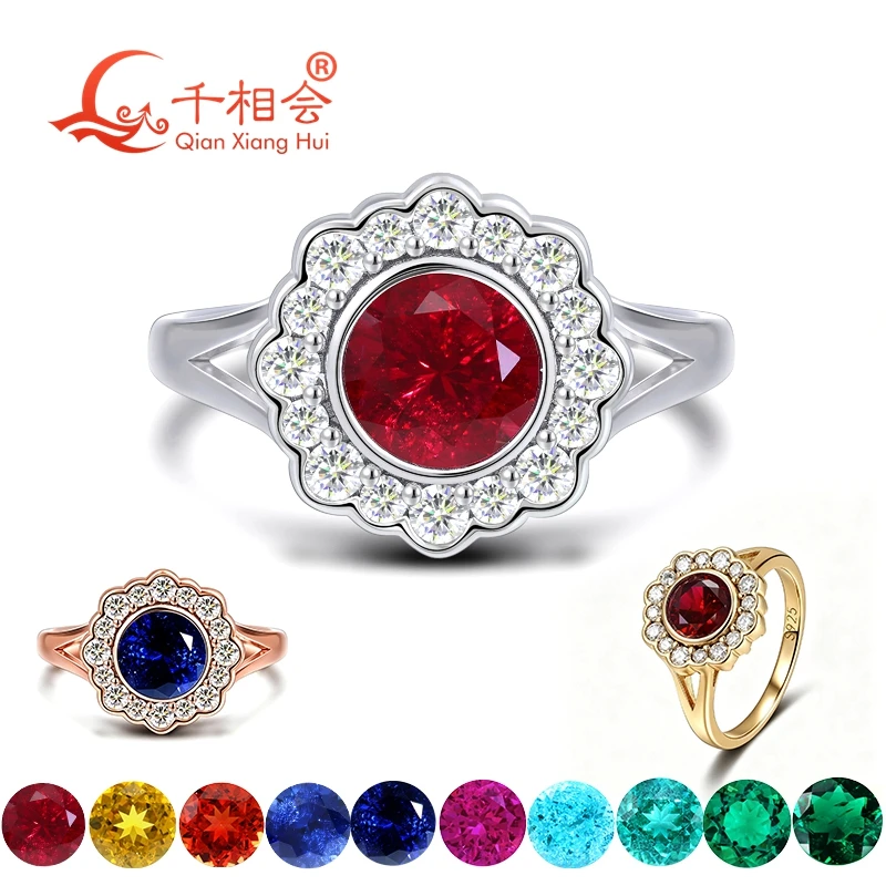 925 Sterling Silver Round 6.5mm Lab Created Gemstone Moissanite Halo Ring Pigeon Blood Ruby/Royal Blue Sapphire Engagement Ring