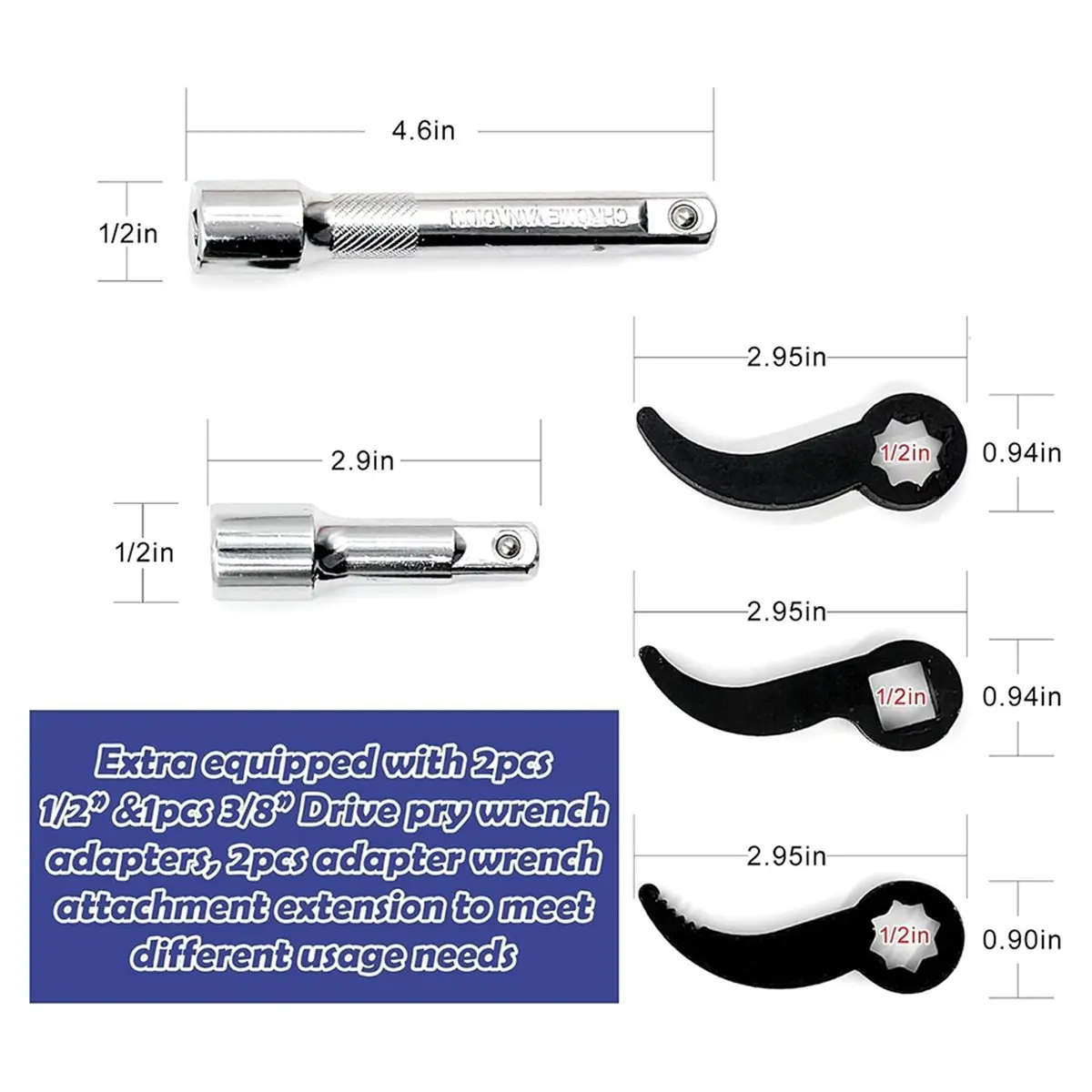 Offset Extension Wrench Impact, High Torque Electric Ratchet Wrench with 4 Socket Adapters, Pry Bar Wrench Adaptor Head