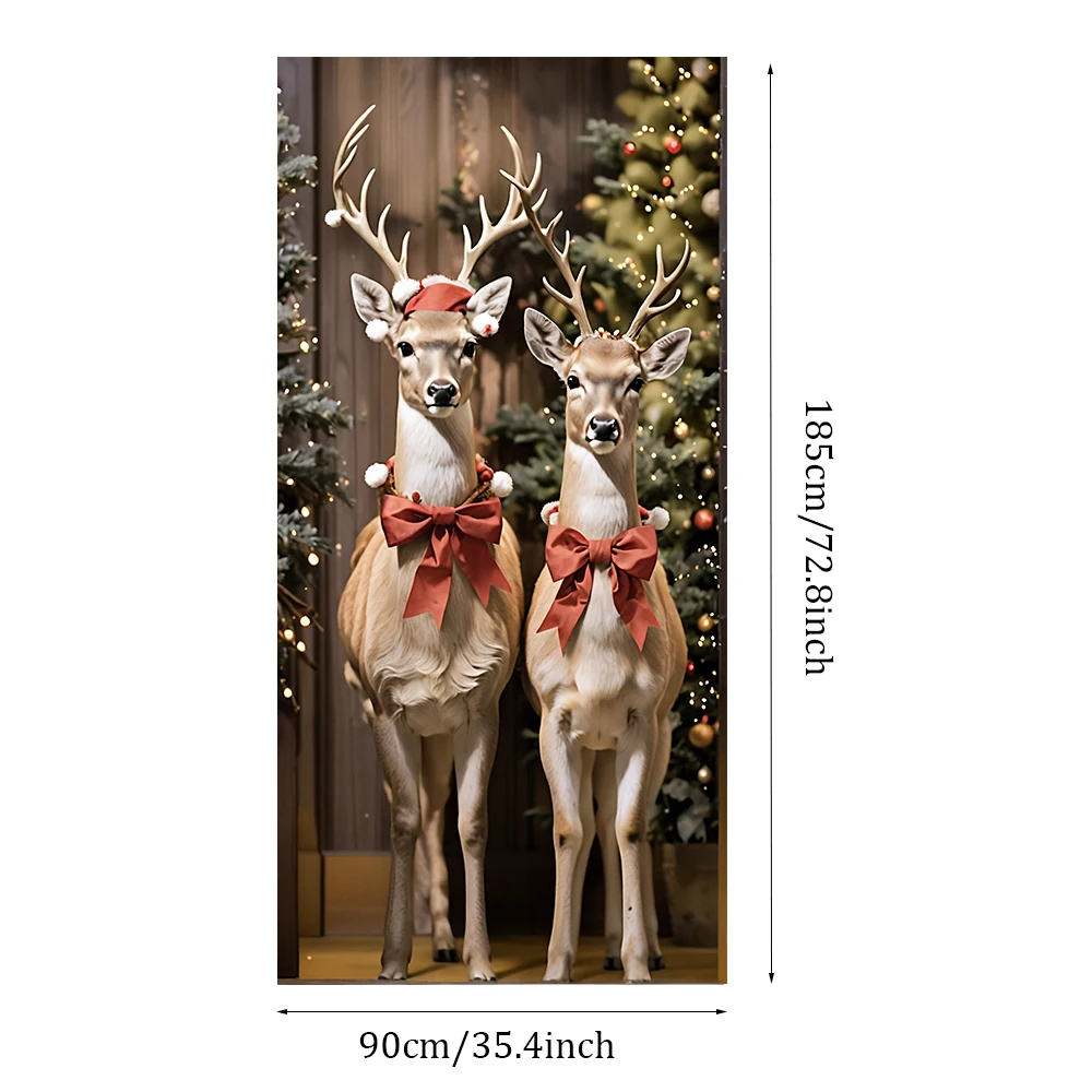 Christmas Reindeer Door Backdrop Banner Santa Hat Elk Designs Hanging Outdoor Decorations Props Christmas Door Cover 185x90cm