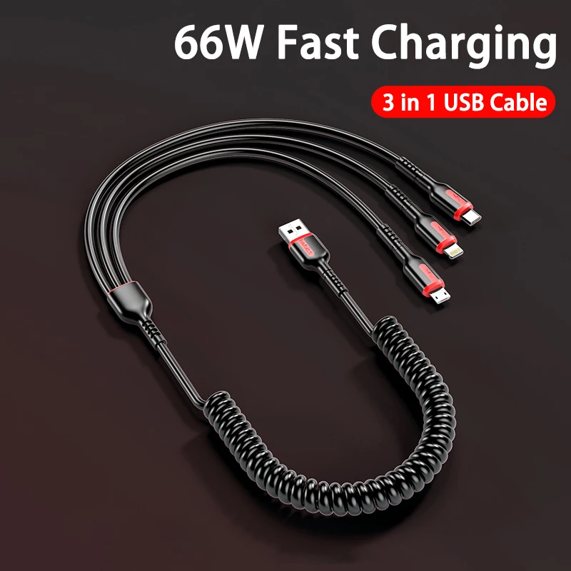 3 in 1 66W 6A Fast Charging USB Type C Cable Micro USB Cable for iPhone Charging Cable for Samsung Xiaomi Charger Cable