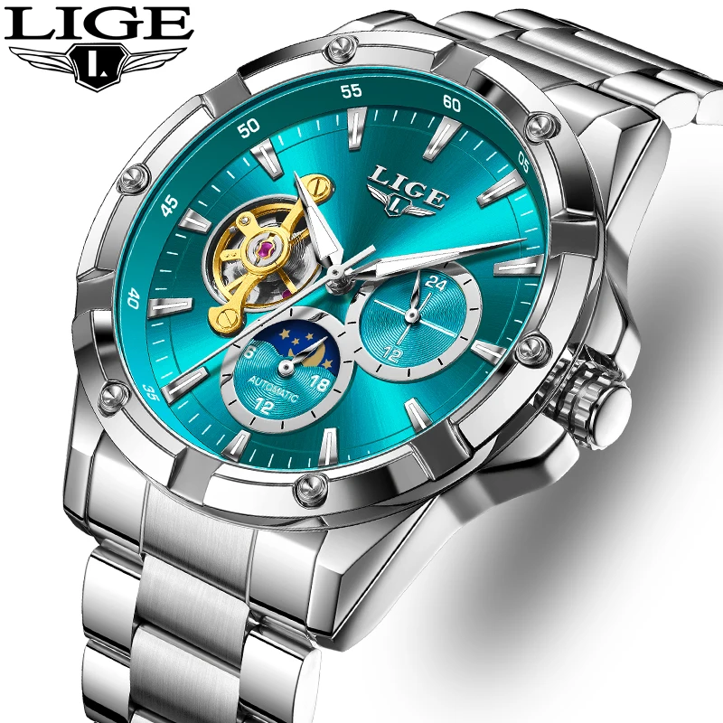 ساعة ميكانيكية فاخرة من العلامة التجارية LIGE بتصميم بسيط كاجوال لمرحلة القمر مقاومة للماء ومضيئة من الفولاذ المقاوم للصدأ للرجال كرونوغراف #1