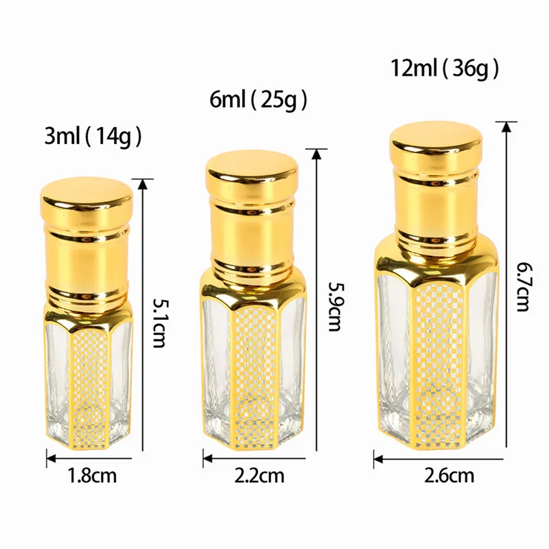Botella de aceite Attar de cristal árabe dorado, botella de gota de aceite esencial, botella de Perfume de vidrio con palo, 10/30/50 piezas, 3/6/12ml
