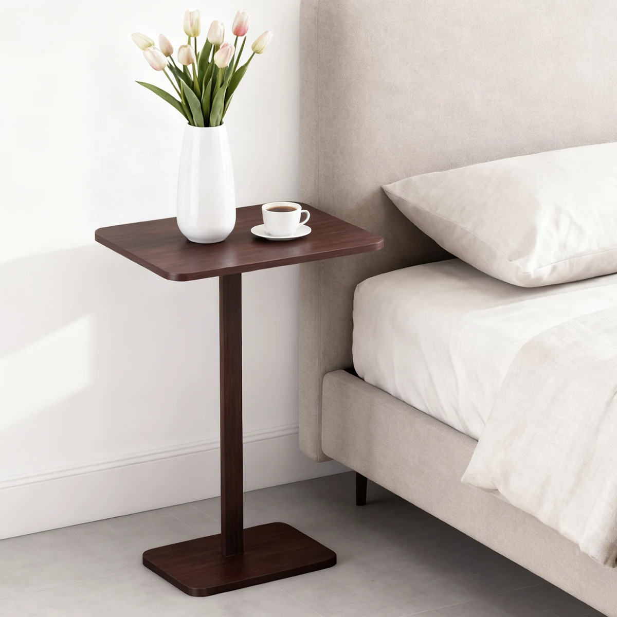 Bamboo C-Shape Sofa Side Table Armrest Tray, Space-Saving TV Snack Table for Couch Bed Living Room