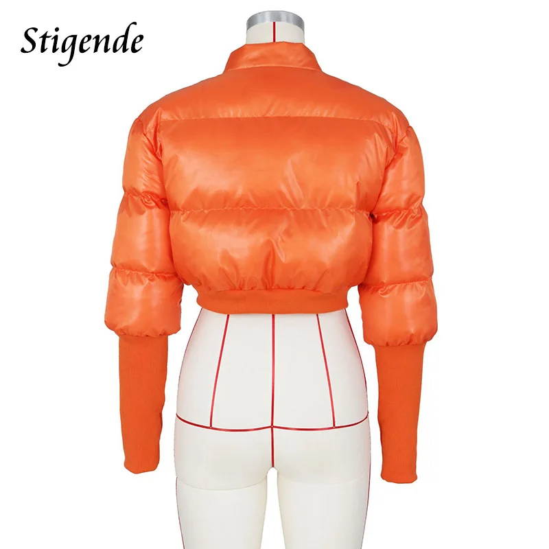 Stigende Women Patchwork Thicken Cotton Padded Coat Stretch Long Sleeve Cropped Jacket Solid Color Winter Warm Puffer Parkas