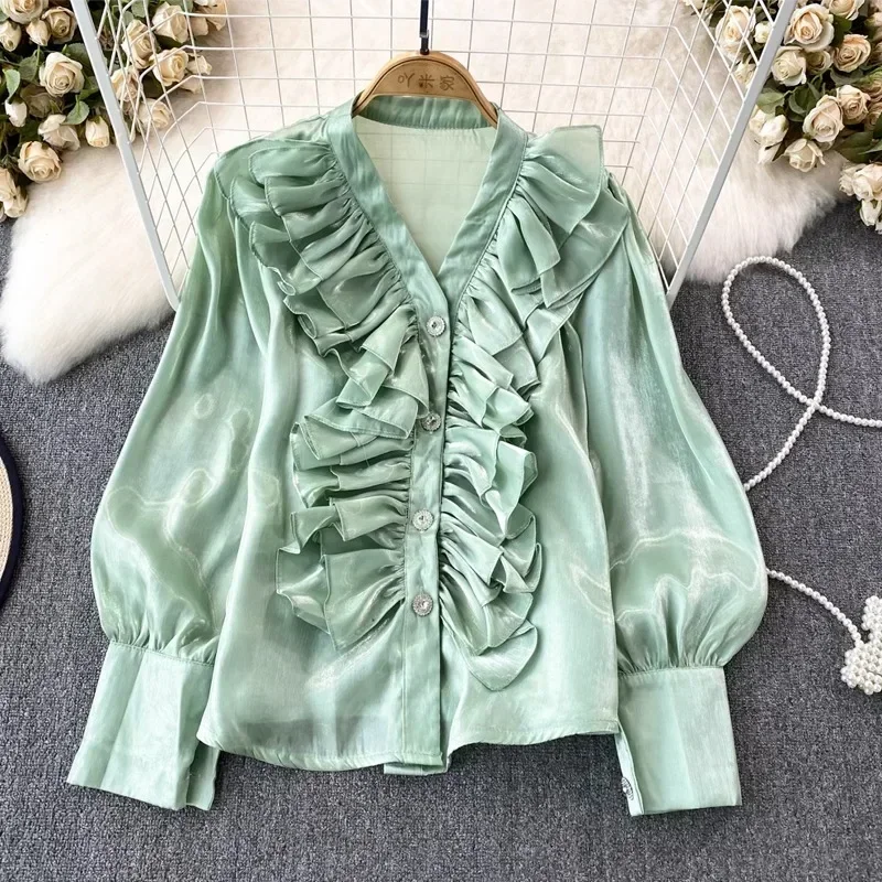 

2023 Vintage V-Neck Ruffled Buttons Blouse Long Sleeve Pleated Women Shirt Fashion Loose Elegant Satin Casual Tops Blusas 29923