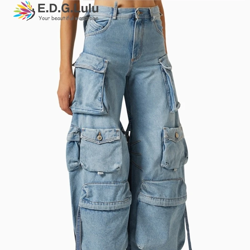 

EDGLuLu уличный стиль модные полые широкие джинсы с высокой талией 2025 новый дизайн рабочая одежда с несколькими карманами прямые джинсы 0807