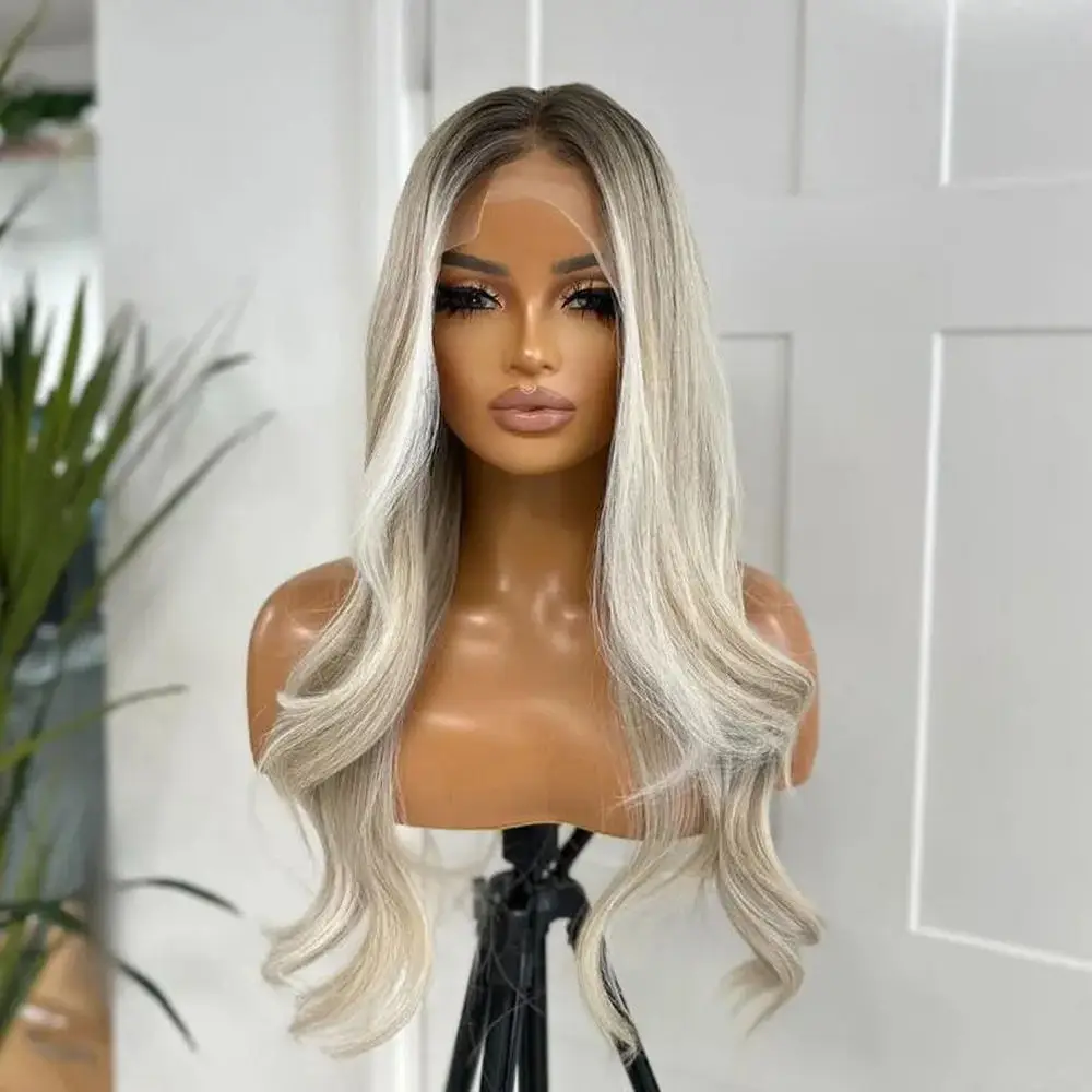 

Bouncy Ash Platinum Blonde Synthetic Lace Frontal Wigs With Dark Roots Long Length Body Wave Brunette Fibre Costume Woman