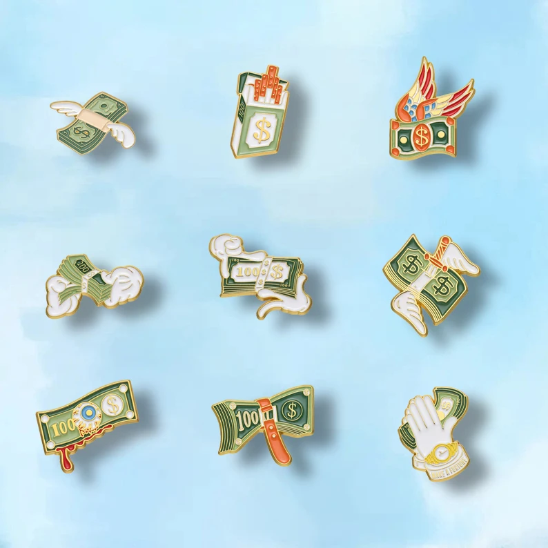 Creative Dollar Money Enamel Pin, Notes Lapel Badges, Brooches, Get Rich Flying, Angel Wings, Backpack Jewelry