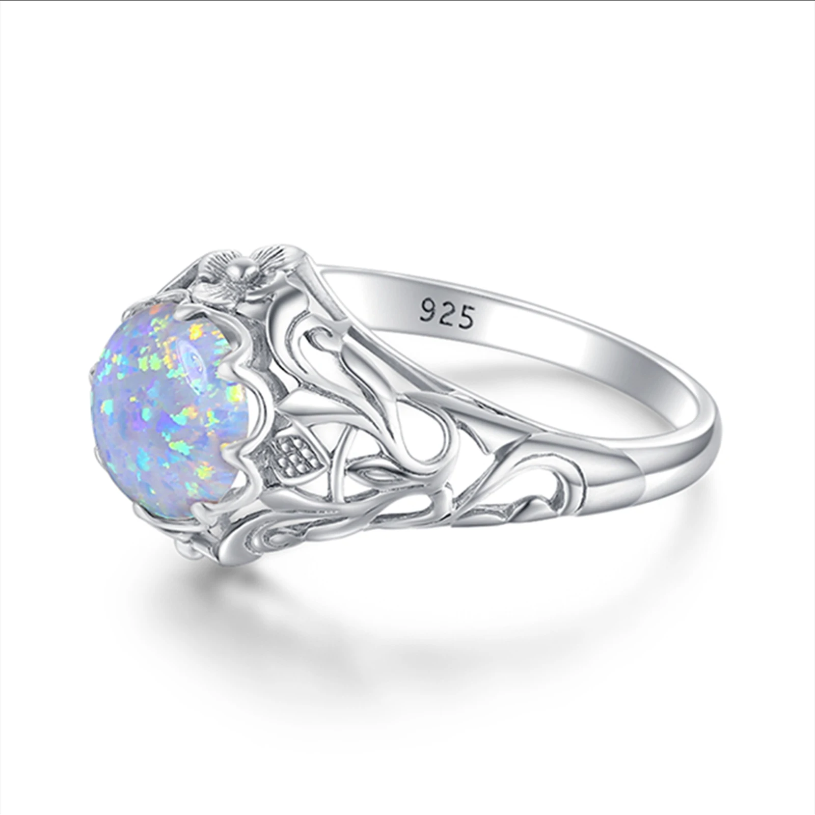 Vintage 925 Silver Original Opal Rings 925 Silver Woman Exquisite Filigree Cocktail Party Birthstone Gift Ring Fine Jewelry