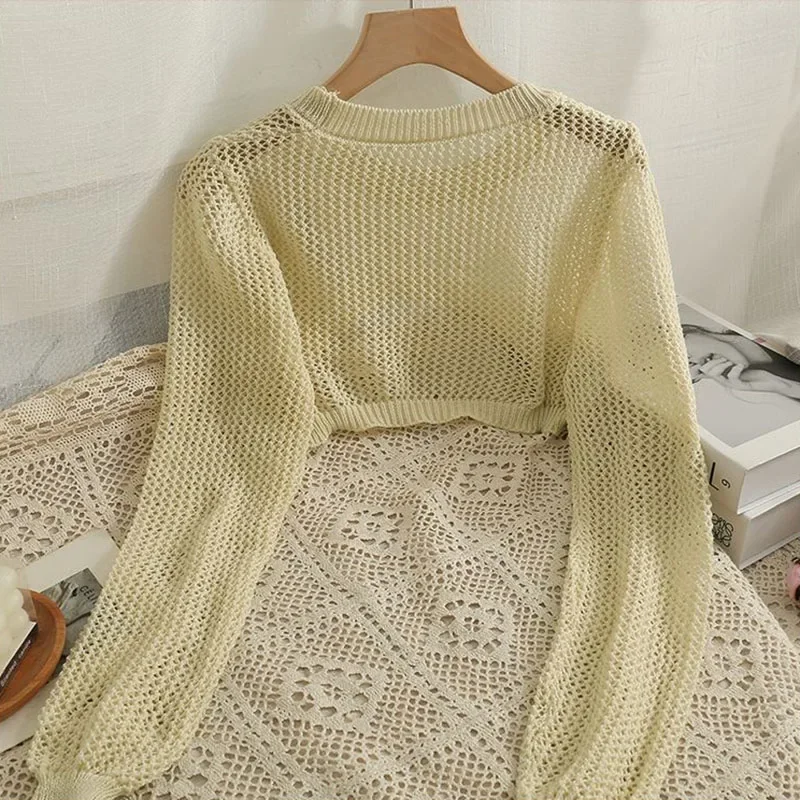 

Hollow Thin Long-sleeved Shirt Women's Summer and Autumn Round Neck Short Knitted Blouse Drop Shipping Wholesale