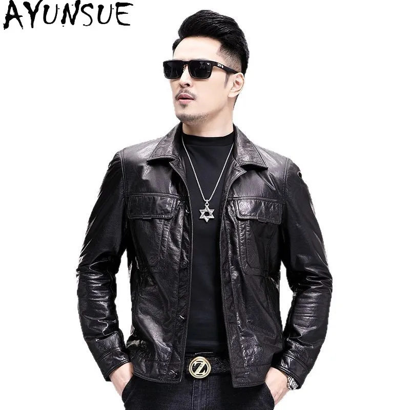 

AYUNSUE Genuine Leather Jacket Men Winter Mens Clothes Motocycle Jackets Top Layer Cowhide Coat Slim Fit 2025 Jaqueta De Couro
