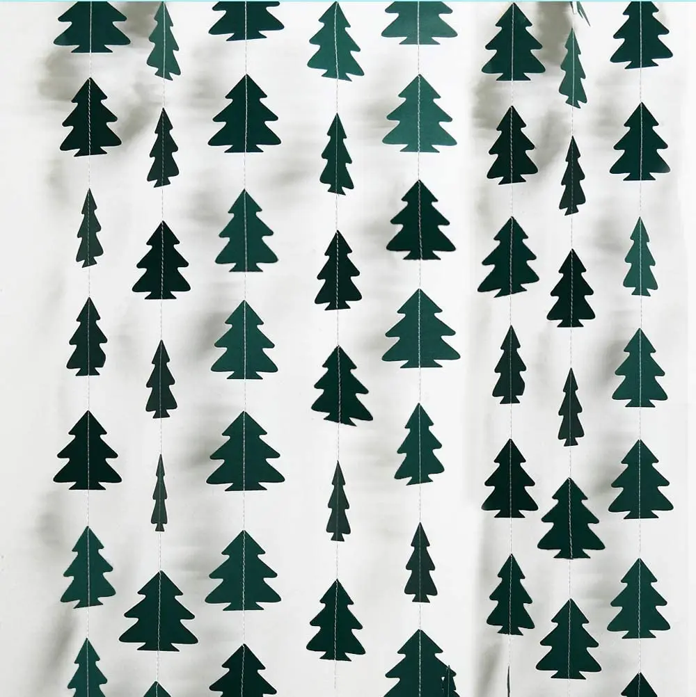 Green Brown Woodland Theme Party Decor Christmas Tree Ornament Paper Pine Tree Garland Banner Hanging Nature Camping Party Decor