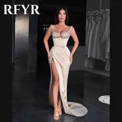 RFYR Elegant Champange Shiny Prom Dress Sequined Satin   فستان سهرة  Mermaid Formal Dresses Sexy Side High Split Robe De Soiree