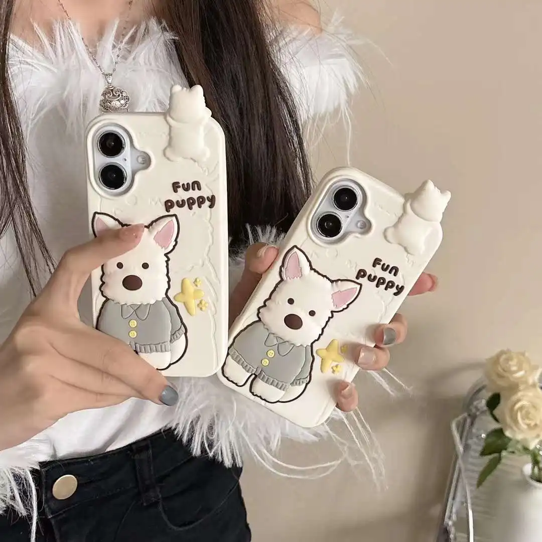 Fun Cute 3D West Highland White Terrier Silicone Soft Case for IPhone 12 13 14 15 16 Pro Max 11 15Pro 14Pro IPones Back Cover