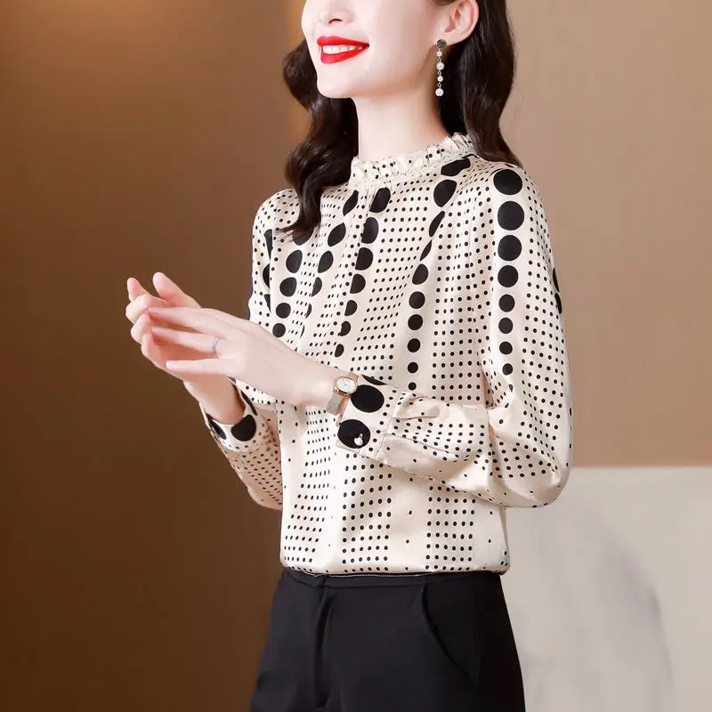 Women Korean Fashion Silk Satin Polka Dot Print Elegant Blouse Office Lady Ruffle Stand Collar Shirts Casual Long Sleeve Blusas