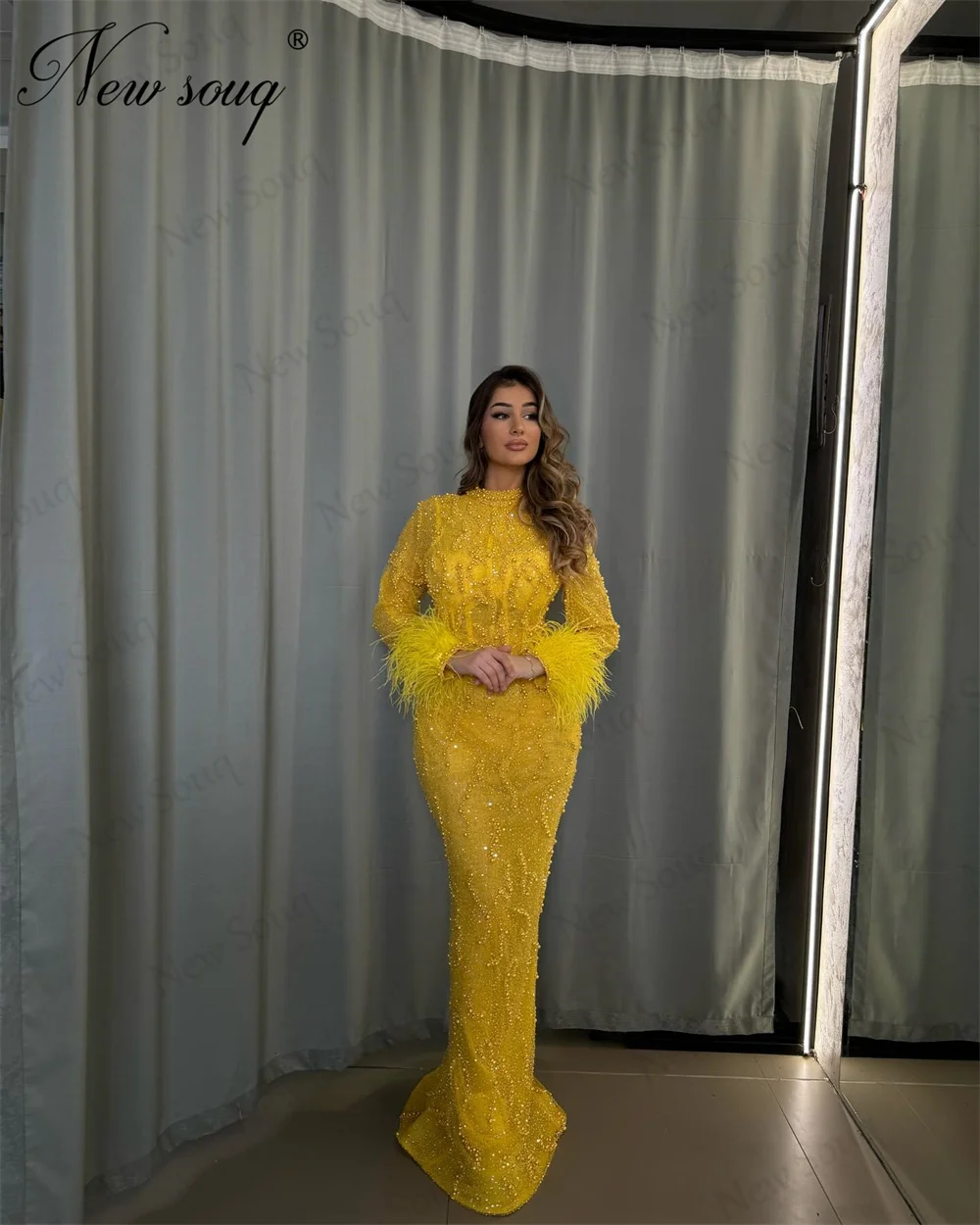 

New Yellow Mermaid Evening Dresses Muslim Dubai Beading Celebrity Prom Dress Long Sleeves Wedding Party Gowns Robes De Soiree