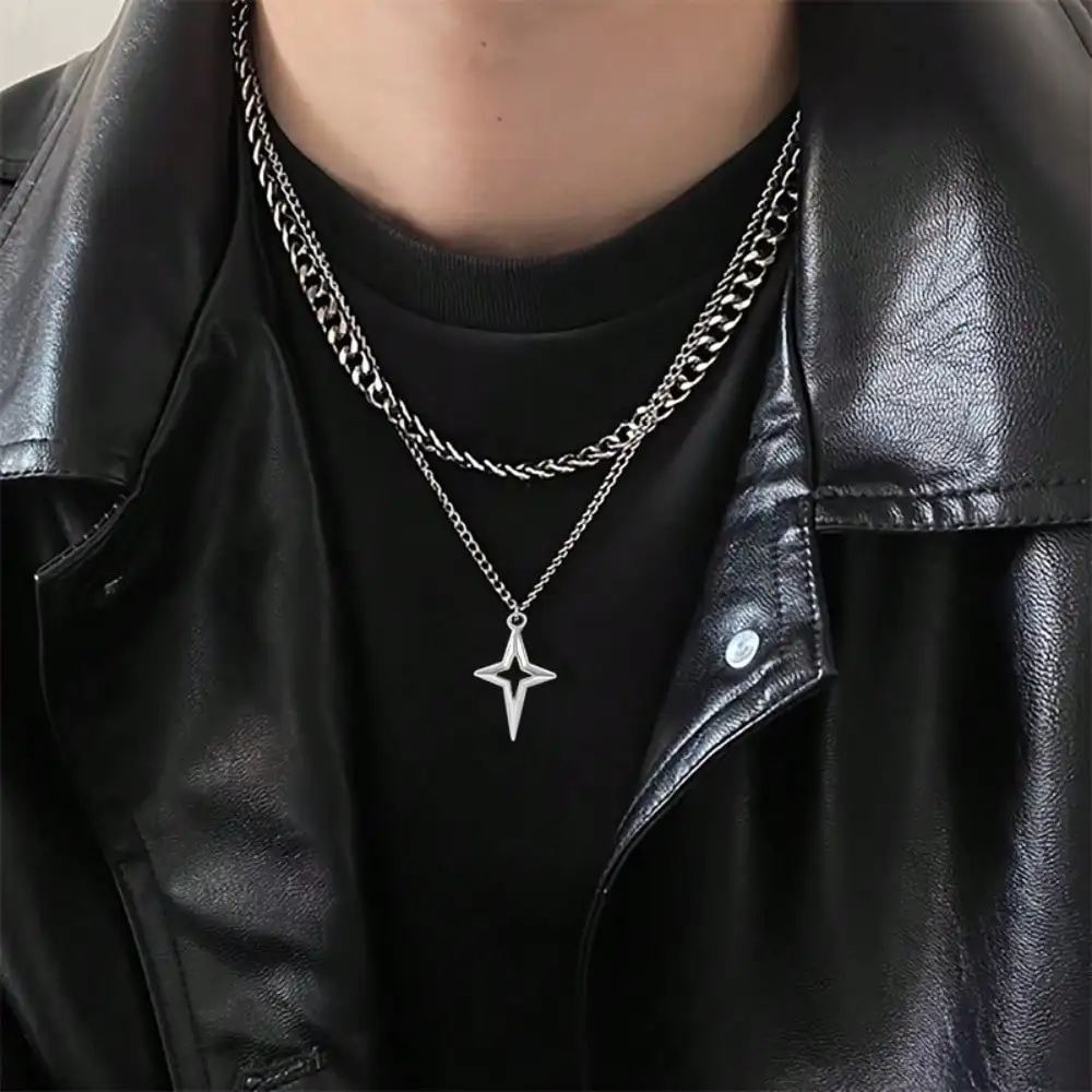 

Men's Hip Hop Style Necklace, Star Pendant Iron Chain, Unique Fashion Accessory, Dual Layered Design