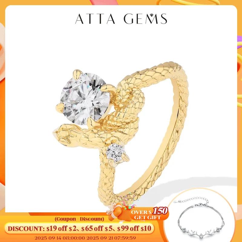 

ATTAGEMS Original Snake Moissanite Rings Round Cut 1.2CT for Women Men S925 Silver 18K Gold Plated Engagement Party Jewelry Gift