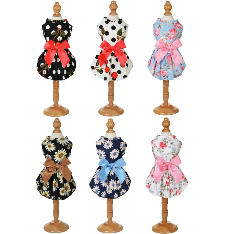 Polka dot Floral Cat Dress Big Bow Princess Dress Cat Skirt Spring Summer Wedding Dresses Sweet Thin Small Fresh Pet Clothes