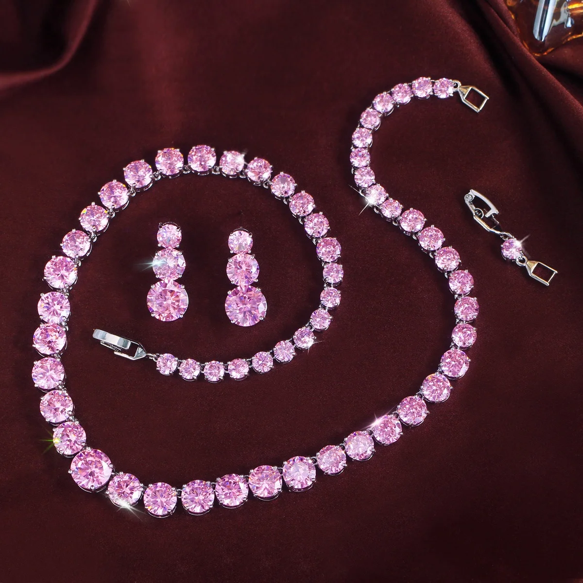 CWWZircons Luxuriöses Glänzendes Lila Rundes CZ Tennis Choker Halsketten- und Ohrring-Set für Damen Hochzeit Braut Party Schmuck Großhandel T1036 – Detail 5