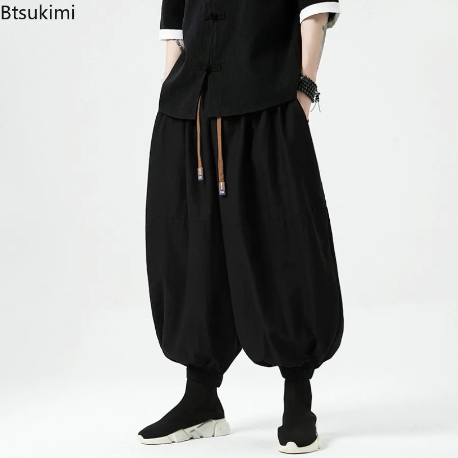 

Men's Chinese Style Black Elastic Waist Harem Trousers Spring and Summer Casual Loose Cotton Linen Lantern Pants Male Clothing