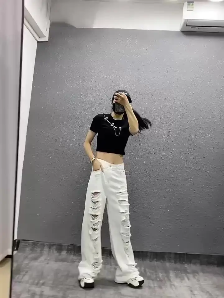 Women's White Baggy Ripped Jeans Vintage Cowboy Pants Harajuku
