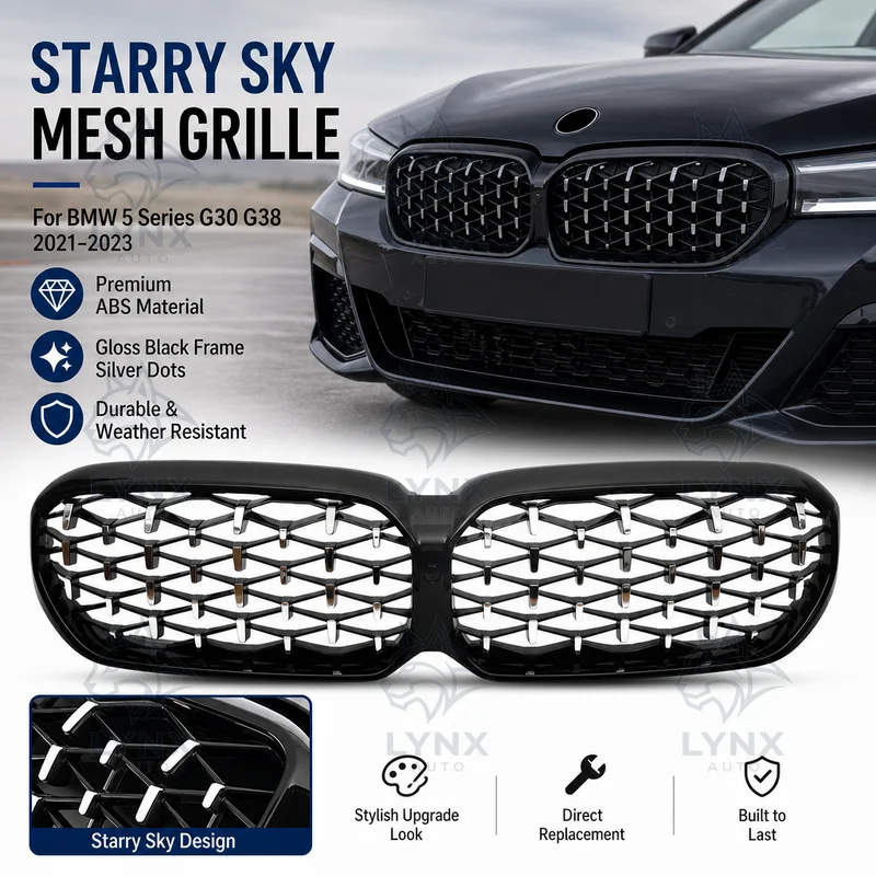 For BMW 5 Series G30 G38 2021-2023 Starry Sky Mesh Front Bumper Grille Gloss Black Frame Silver Dots Half Silver