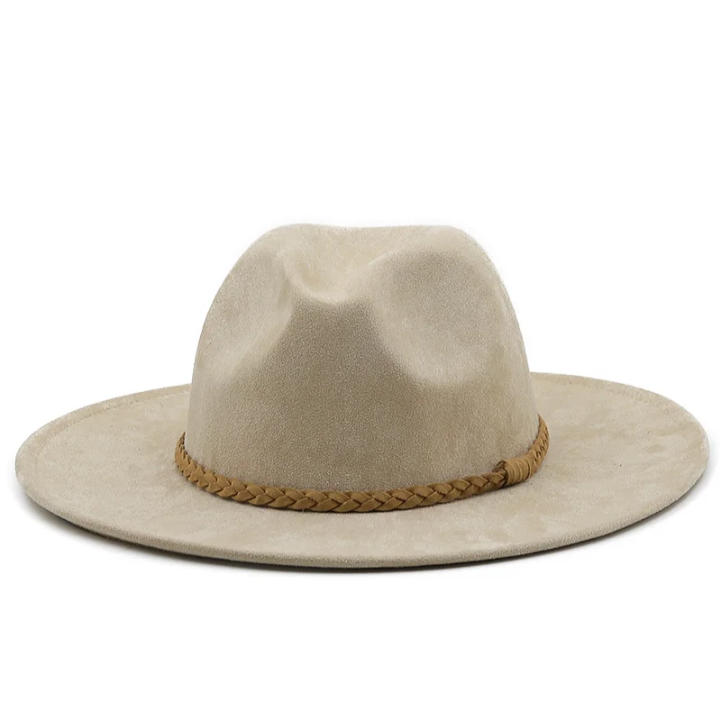 Suede Fedora Hats for Women 8cm Wide Brim Dress Men Caps Felted Hat Panama Church Wedding Ribbon Band Men Hat Sombreros De Mujer