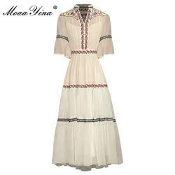 MoaaYina Fashion Runway dress Summer Woman's Dress V-Neck Short Sleeve Embroidery Waist Tuck Vintage Dresses