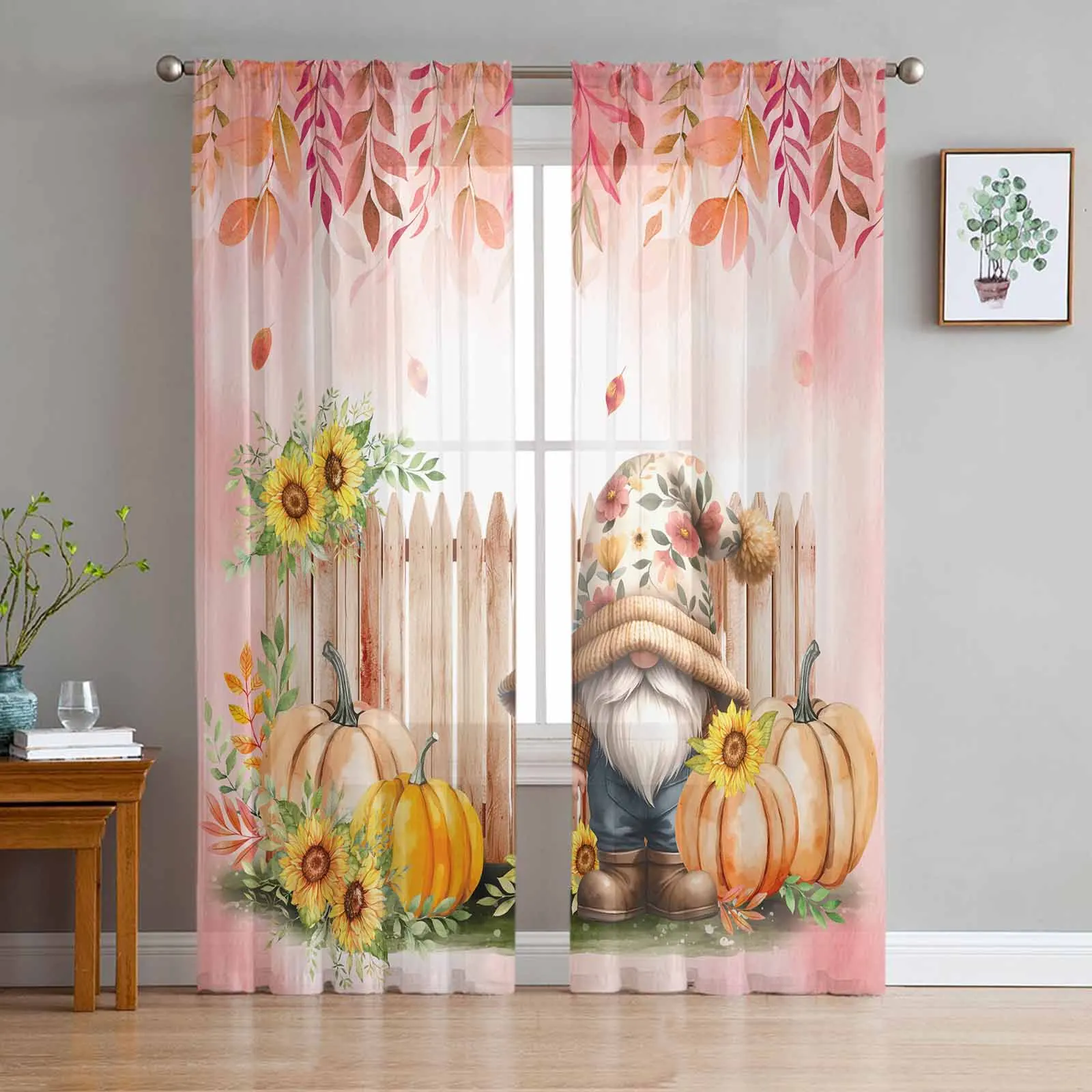 Thanksgiving Plant Fence Sunflower Pumpkin Sheer Curtains for Living Room Bedroom Window Treatment Kitchen Chiffon Curtain