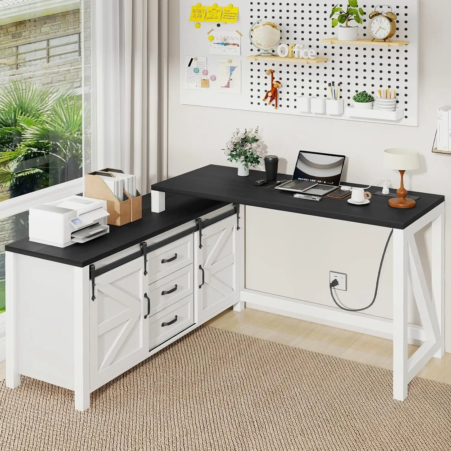 L Shaped Desk With Drawers & Power Outlet, Reversible Computer Desk With Storage Cabinet, Sliding Barn Door, Customized