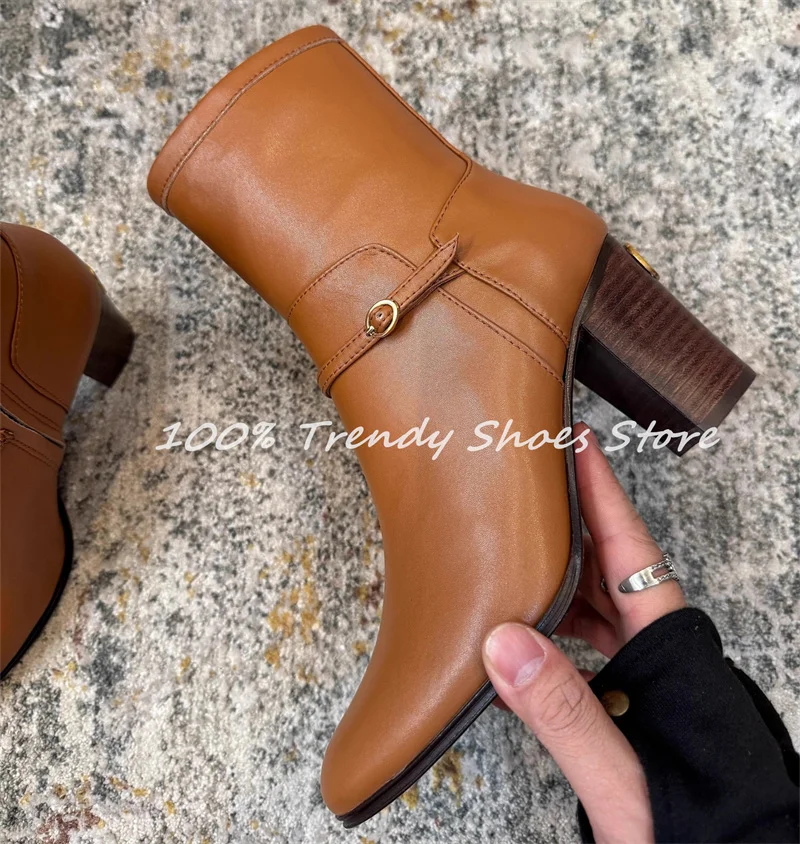 

Winter Newest Women Chelsea Boots High Top Belt Buckle Decor Ankle Boots Genuine Leather Chunky Heel Ladies Party Dress Shoes