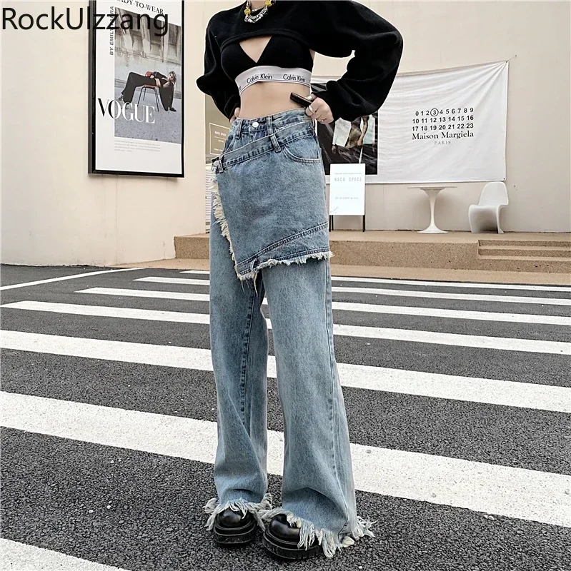 Fake Two-Piece Skirt-Style Jeans Denim Pant Burr Tassel Straight Long Trouser Boyfriend Streetwear Women Harajuku y2k Clothing