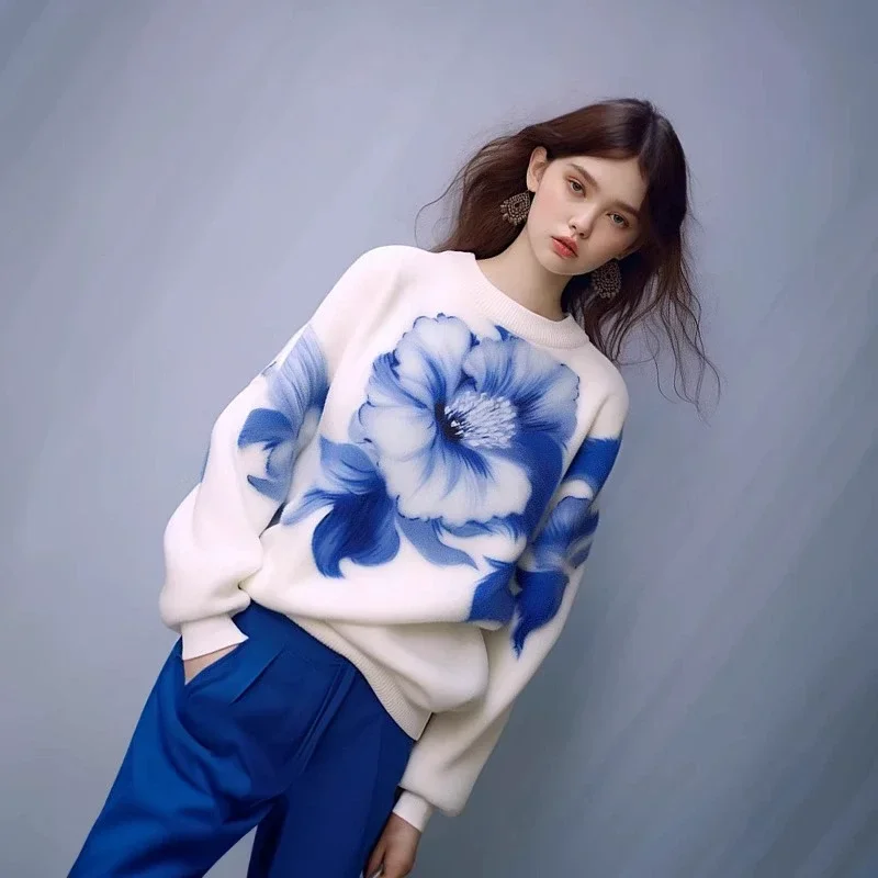 Turtleneck Свитер Женский Autumn Winter Slouchy Keep Warm Floral Printed Knitted Pullovers Fashion Baggy 2024 Hot Sale Ulzzang