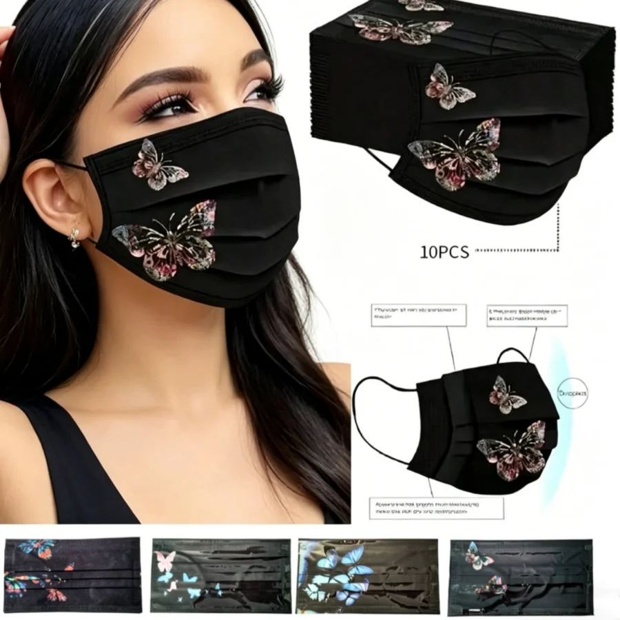 10-Pack Women's Daily Face Masks - Black Parent-Child Butterfly Print, Elegant Breathable Non-Woven Fabric, Stylish Protective M